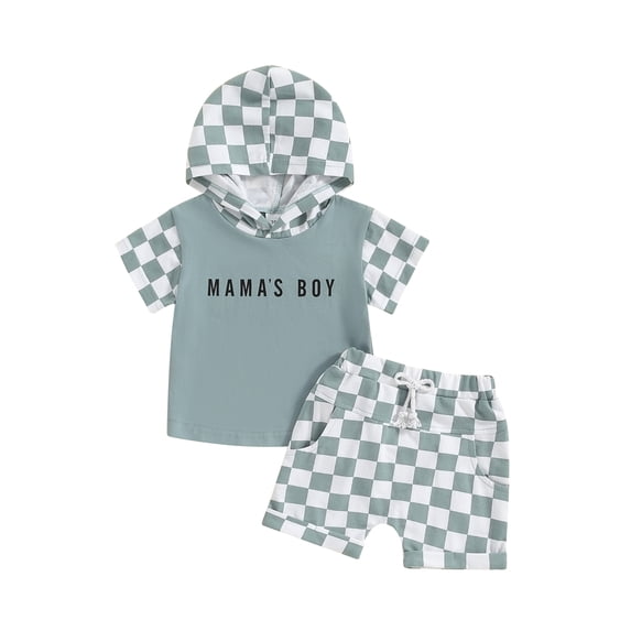 vera natura Baby Boy Summer 2 Piece Outfits, Short Sleeve Letter Print Hooded Tops + Elastic Waist Checkerboard Shorts Set