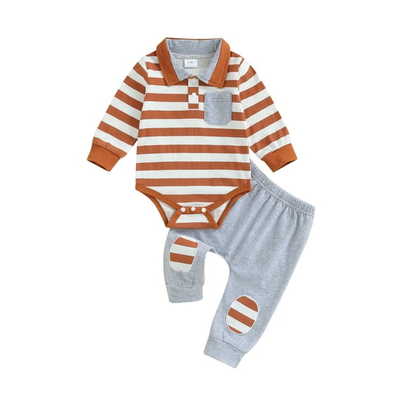vera natura Baby Boys Fall Outfits Stripe Turn-Down Collar Long Sleeve Rompers Elastic Waist Long Pants 2Pcs Clothes Set