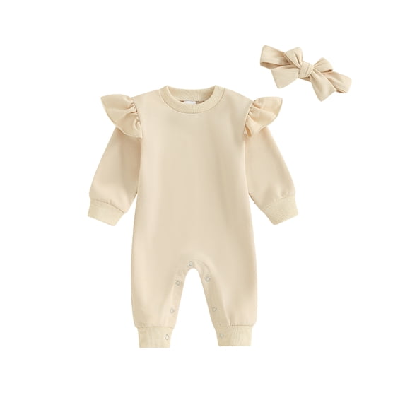 vera natura Baby Girl 2Pcs Fall Outfits Long Sleeve Solid Color Ruffle Jumpsuit with Headband Set Infant Clothes