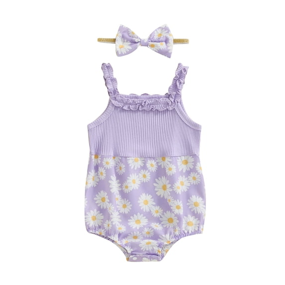 vera natura Baby Girl 2Pcs Summer Outfits Cute Sleeveless Frill Trim Daisy Romper with Headband Set Newborn Clothes