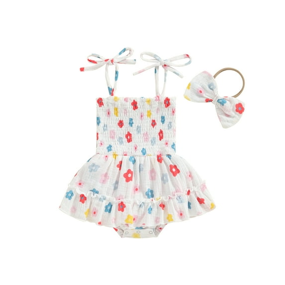 vera natura Baby Girl 2Pcs Summer Outfits Cute Sleeveless Tie Strap Shirred Romper with Headband Set Clothes