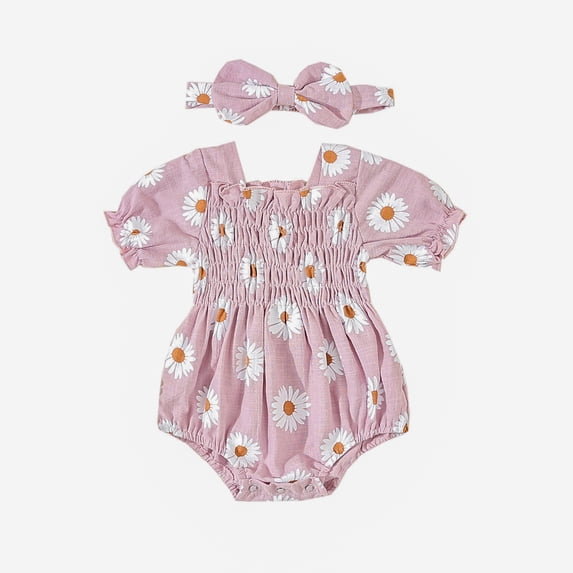 vera natura Baby Girl 2Pcs Summer Outfits Short Sleeve Daisy Print Smocked Romper with Headband Set Clothes