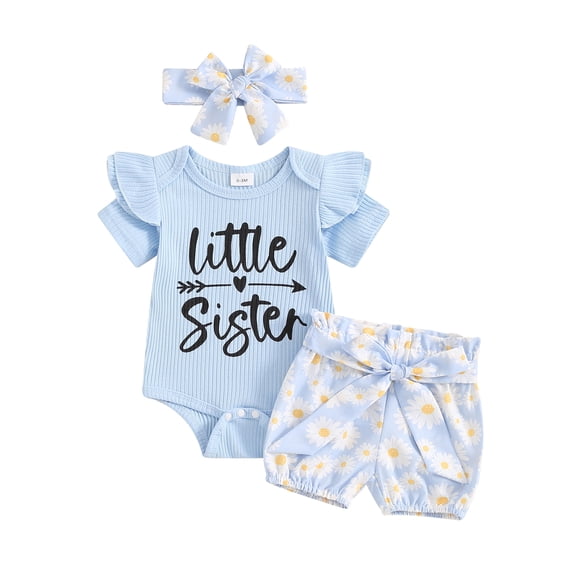 vera natura Baby Girl 3 Piece Summer Set, Letter Print Short Sleeve Romper Daisy Print Shorts with Fixed Belt Headband Toddler Outfits