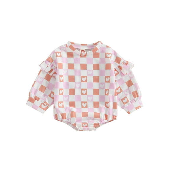 vera natura Baby Girl Romper Ruffle Long Sleeve Round Neck Heart Plaid Print Bodysuit Little Girl Clothes