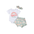 thumbnail image 1 of vera natura Baby Girl Summer Outfits Letter Rainbow Floral Print Short Sleeve Rompers Shorts Headband 3Pcs Clothes Set, 1 of 9