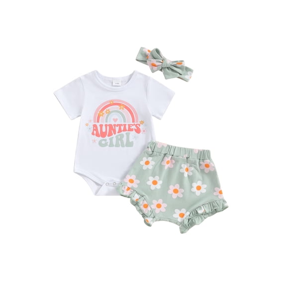 vera natura Baby Girl Summer Outfits Letter Rainbow Floral Print Short Sleeve Rompers Shorts Headband 3Pcs Clothes Set