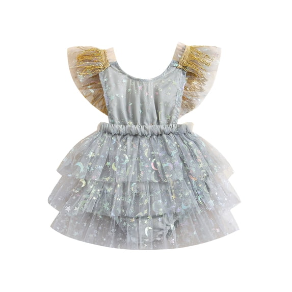 vera natura Baby Girl Summer Romper Cute Sleeveless Scoop Neck Star Moon Print Bodysuit Tulle Dress