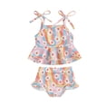 thumbnail image 1 of vera natura Baby Girl Swimsuit 2 Piece Set, Sleeveless Flower Print Tie Up Tops + Elastic Waist Frill Hem Shorts Bathing Suit Beach Wear, 1 of 8