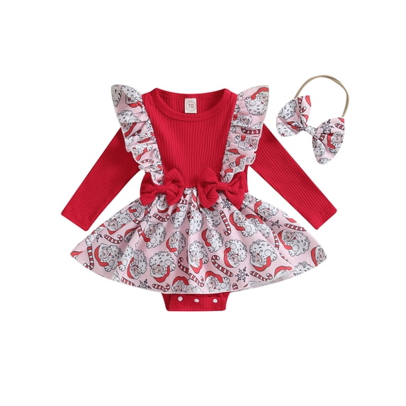 vera natura Baby Girls 2Pcs Christmas Outfits Ruffle Long Sleeve Skirt Romper with Headband Set Clothes