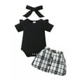thumbnail image 1 of vera natura Baby Girls 3 Piece Outfit Ruffles Short Sleeve Rompers and Plaid Print Button Skirt Headband Summer Clothes Set, 1 of 9