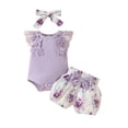 thumbnail image 1 of vera natura Baby Girls 3Pcs Summer Outfit Lace Sleeve Ribbed Romper + Bow Shorts + Headband Set Clothes, 1 of 8