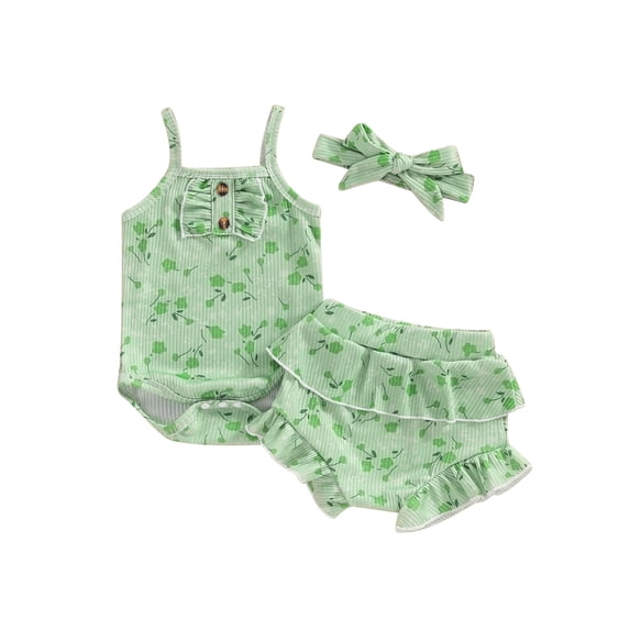 vera natura Baby Girls 3Pcs Summer Outfit Sleeveless Button Front Romper + Shorts + Headband Set Clothes