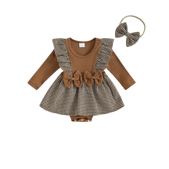 vera natura Baby Girls Autumn Romper Dress Long Sleeve Ruffle Houndstooth Print Patchwork Romper with Headband