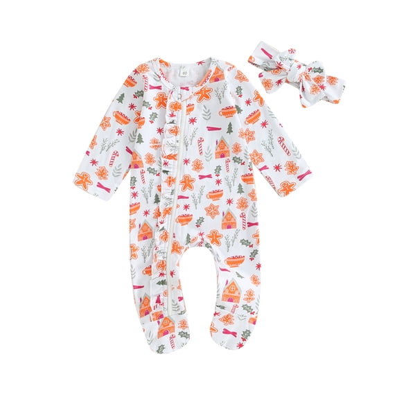 vera natura Baby Girls Boys Footies Rompers Christmas Clothes Santa Print Zipper Long Sleeve Jumpsuits Fall Bodysuits with Headband
