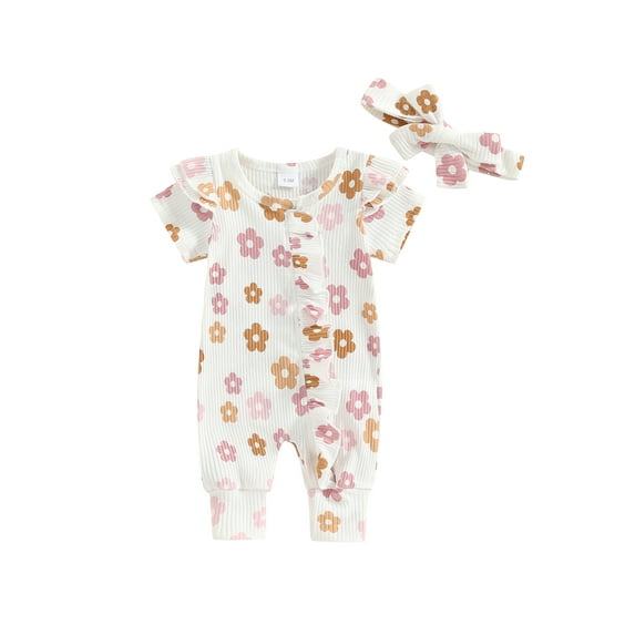 vera natura Baby Girls Rompers Floral Print Fly Sleeve Round Neck Frills Infant Bodysuits Summer Clothes with Headband