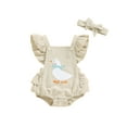 thumbnail image 1 of vera natura Baby Girls Rompers Fuzzy Duck/Cow Embroidered Ruffles Fly Sleeve Bodysuits Summer Clothes with Headband, 1 of 9