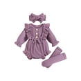 thumbnail image 1 of vera natura Baby Girls Rompers Solid Color Ruffles Buttons Long Sleeve Ribbed Knit Bodysuits with Headband and Leg Warmers, 1 of 8