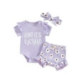 thumbnail image 1 of vera natura Baby Girls Shorts Set, Short Sleeve Letters Print Romper Flower Print Shorts with Hairband Summer Outfit, 1 of 8