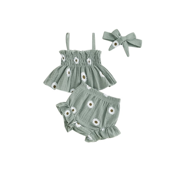 vera natura Baby Girls Shorts Set, Spaghetti Straps Pleated Flower Print Camisole with Shorts and Hairband Summer Outfit