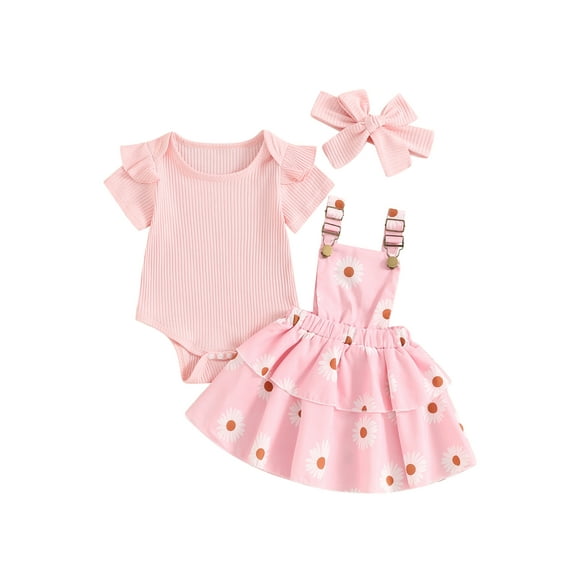 vera natura Baby Girls Spring Outfits Short Sleeve Ribbed Romper + Suspender Skirt + Headband Set 3 Piece Clothes