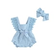 thumbnail image 1 of vera natura Baby Girls Summer Lace Romper Sleeveless Ruffle Trim Bow Decorated Romper with Headband, 1 of 10