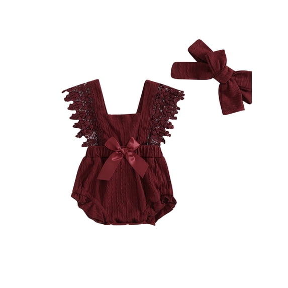 vera natura Baby Girls Summer Lace Romper Sleeveless Ruffle Trim Bow Decorated Romper with Headband