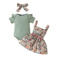 thumbnail image 1 of vera natura Baby Girls Summer Outfit Ribbed Short Sleeves Rompers and Floral Suspender Skirt Headband 3 Piece Clothes Set, 1 of 9
