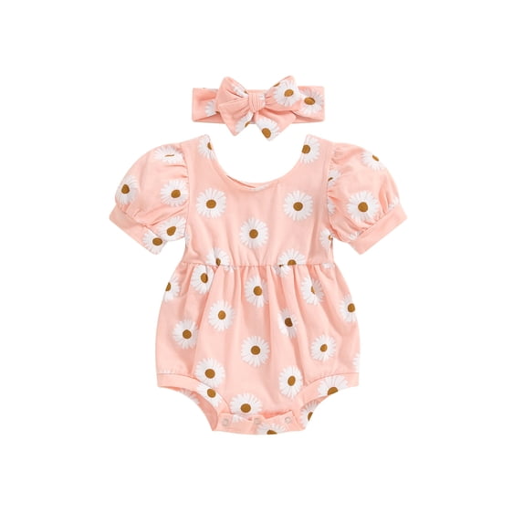vera natura Baby Girls Summer Rompers Infant Short Puff Sleeve O Neck Floral Romper with Headband