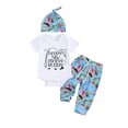 thumbnail image 1 of vera natura Baby Summer Clothes Set Letter Print Jumpsuit and Casual Pants Beanies Hat Outfits, 1 of 9