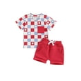 thumbnail image 1 of vera natura Boys 4th of July Shorts Sets Short Sleeve Letter Flag/Star Checkerboard Print Tops Drawstring Shorts Sets, 1 of 8