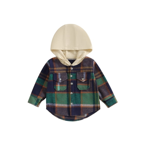 vera natura Boys Autumn Casual Hooded Coat Long Sleeve Button Down Plaid Outerwear with Pockets