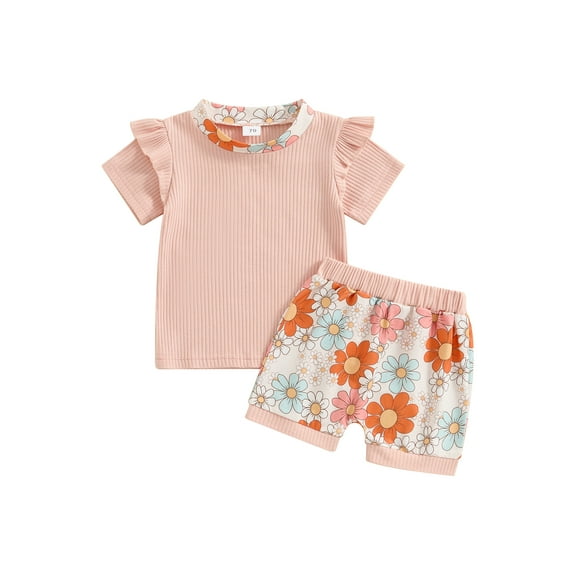 vera natura Girls Summer 2PCS Shorts Sets Pink Short Sleeve Crewneck Ruffle Tops Floral Shorts Sets