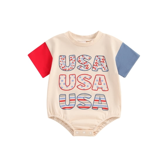 vera natura Infant Baby 4th of July Romper Letter Star Print Contrast Color Short Sleeve Jumpsuit for Boys Girls