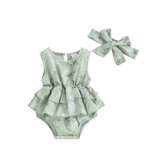 vera natura Infant Baby Girl Sleeveless Romper Dress Floral Print Round Neck Bodysuit with Headband 2 Pcs Summer Outfits