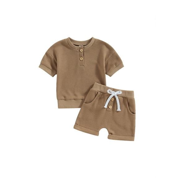vera natura Infant Boys Summer Clothes Outfits Solid Color Buttons Short Sleeve Tops and Elastic Waist Shorts 2Pcs Suit