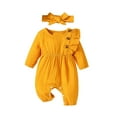 thumbnail image 1 of vera natura Infant Girl Rompers Solid Color Ruffles Buttons Long Sleeve Baby Jumpsuits Bodysuits with Headband, 1 of 8