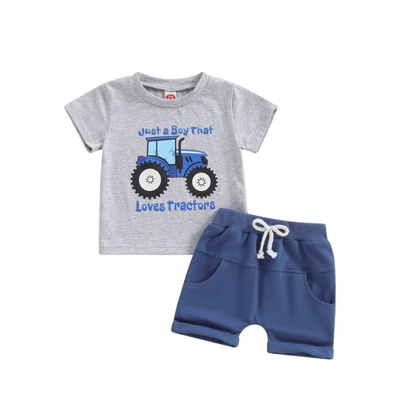vera natura Little Boy 2 Piece Summer Outfit, Tractor Letter Print Short Sleeve Tops Elastic Waist Shorts Baby Toddler Set