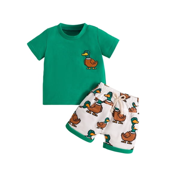 vera natura Little Boy Girl Summer Outfit, Duck Embroidery Short Sleeve Tops Elastic Waist Shorts Baby 2 Piece Set