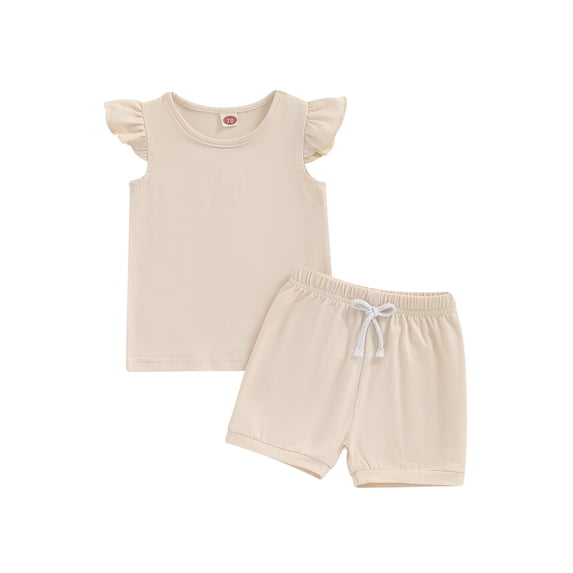 vera natura Little Girl 2 Piece Summer Set, Solid Color Round Neck Fly Sleeve Tops Elastic Waist Shorts Baby Outfit