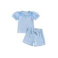 thumbnail image 1 of vera natura Little Girl Ribbed Set, Daisy Embroidery Patchwork Mesh Short Sleeve Tops Bow Shorts Outfits, 1 of 8