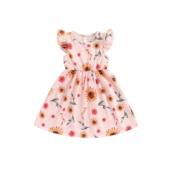 vera natura Little Girl Summer A-Line Dress Floral Print Flying Sleeve Round Neck Casual Dress
