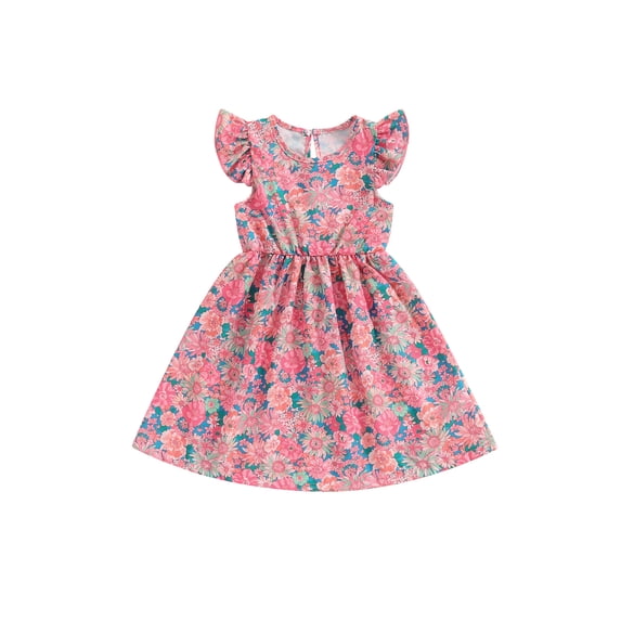 vera natura Little Girl Summer A-Line Dress Floral Print Flying Sleeve Round Neck Casual Dress