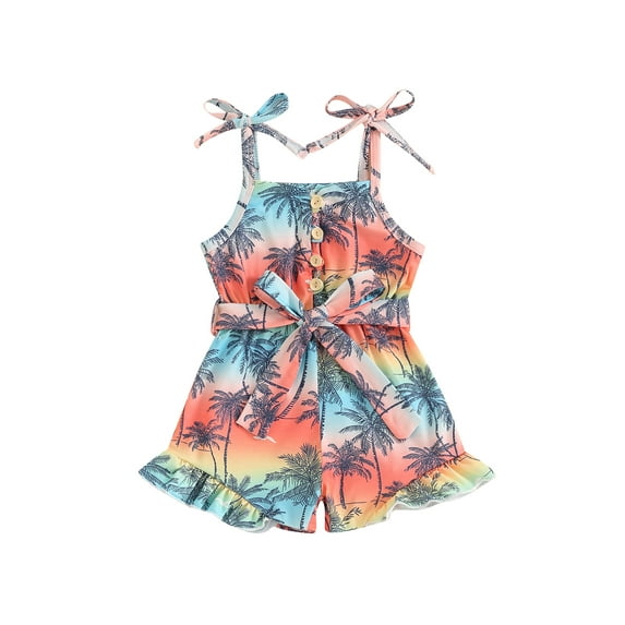 vera natura Little Girls Summer Casual Jumpsuit Sleeveless Tropical Tree Print Button Playsuit with Belt