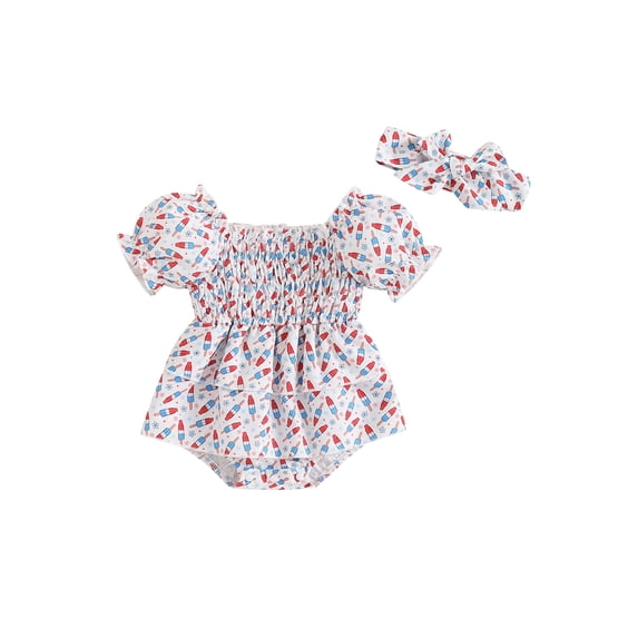 vera natura Newborn Girl Outfit, Short Sleeve Pleated Popsicle Print Bodysuit with Headband 4th of July Clothing