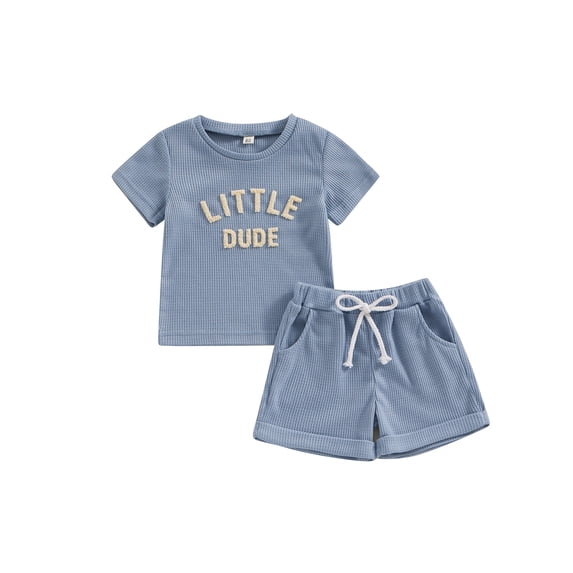 vera natura Toddler Boys Fuzzy Letter Embroidered Waffle Short Sleeve T-Shirts Tops and Elastic Waist Shorts 2Pcs Clothes Set