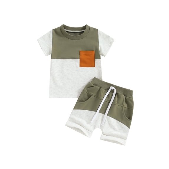 vera natura Toddler Boys Summer Outfits Contrast Color Short Sleeve T-Shirts Tops Elastic Waist Shorts 2Pcs Clothes Set