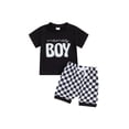 thumbnail image 1 of vera natura Toddler Boys Summer Outfits Letter Print Short Sleeve T-Shirt and Checkerboard Shorts Clothes Set, 1 of 8