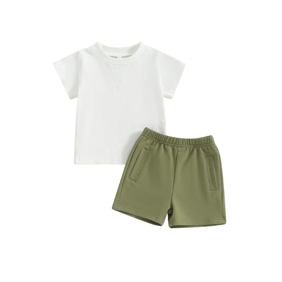 vera natura Toddler Boys Summer Outfits Reverse Stitch V-Shape Pattern Short Sleeve T-Shirts Tops Elastic Waist Shorts 2Pcs Clothes Set