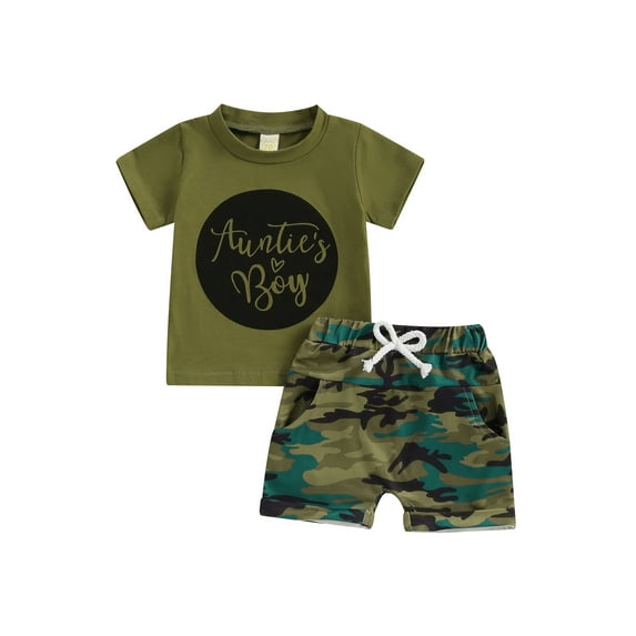 vera natura Toddler Boys Summer Shorts Sets Short Sleeve Letter Print Tops and Drawstring Camouflage Shorts Sets