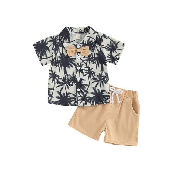 vera natura Toddler Boys Summer Shorts Sets Short Sleeve Tropical Tree Print Shirt and Drawstring Shorts Sets